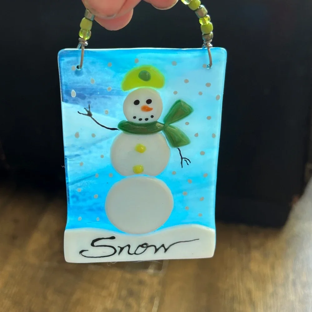 Handmade Fused Glass Winter Snowman and Tree Ornaments Suncatchers Set of 2 Blue